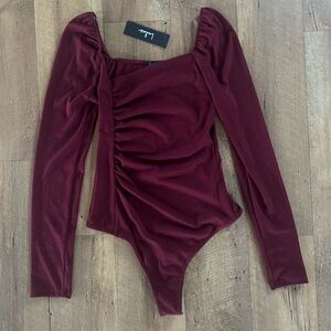Lulus Burgundy Asymmetrical Ruched Bodysuit Long Sleeve NWT Size S